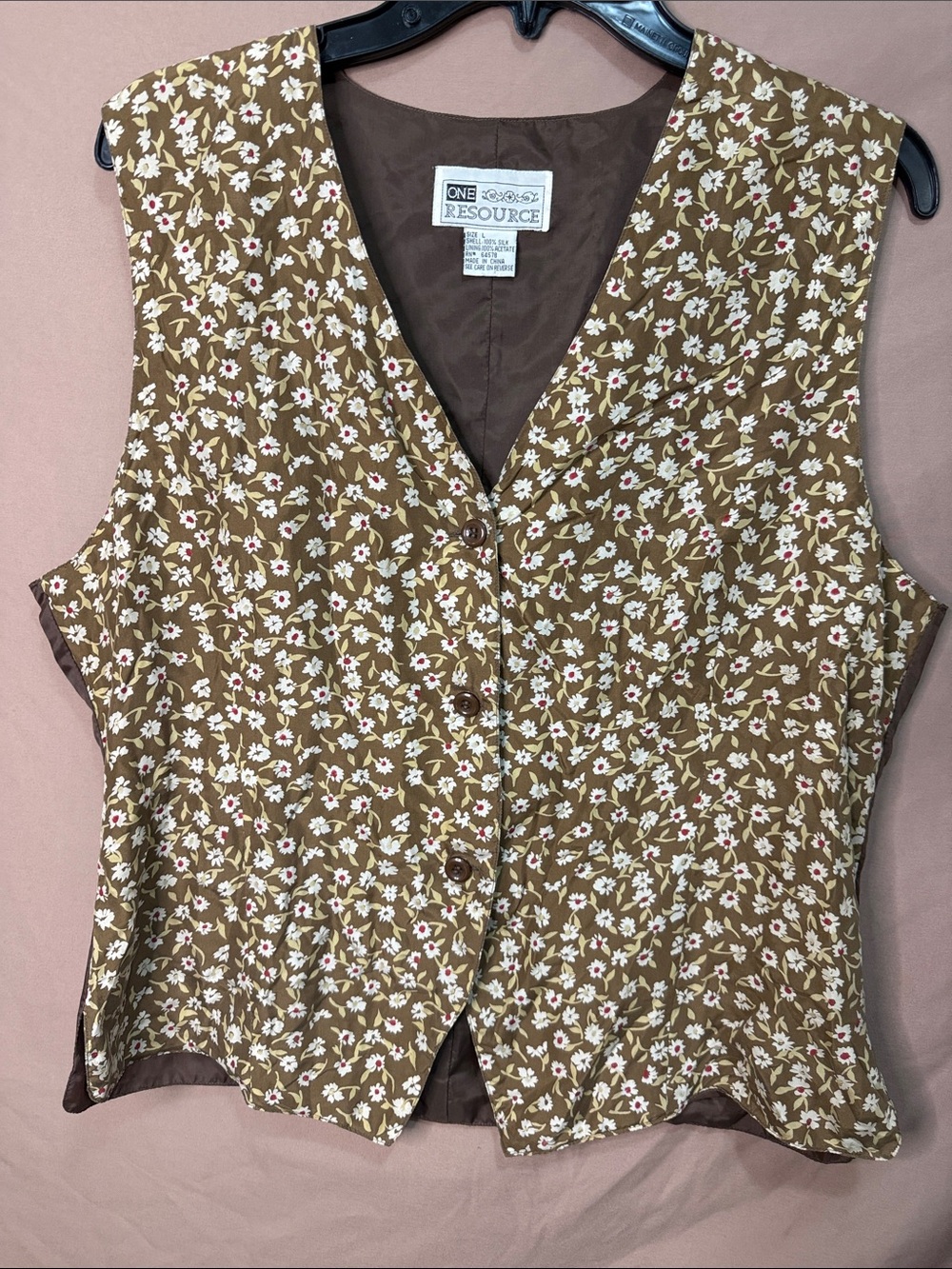 EUC Vintage Women's Brown Floral Button Front Vest Large 100% Silk